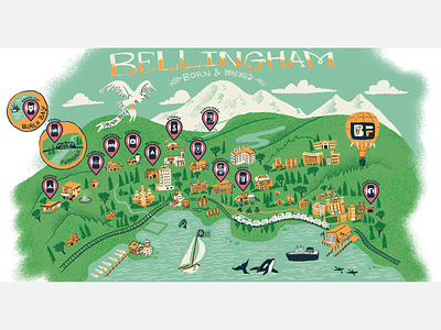 Bellingham Beer Map aerial view aslan beer bellingham brewery cascades cascadia illustration ipa kulshan map microbrew mt. baker pacific northwest pacific ocean pnw simple map stylized map texture wander