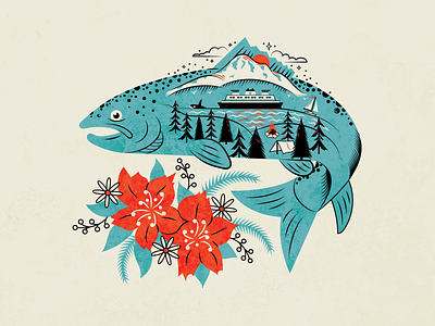 Smoked Salmon Landscape campfire design evergreen ferry fish fishing illustration mountains orca pacific northwest pnw rhododendron salmon seafood smoked salmon tent texture trees trout vector