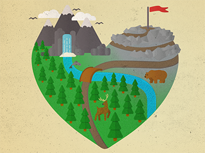 Establish Your Hearts bear elk flag forest heart illustration mountains planet stream waterfall world