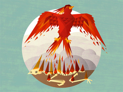 Phoenix bird bones fire flames geometric illustration mythology phoenix renewal smoke triangles