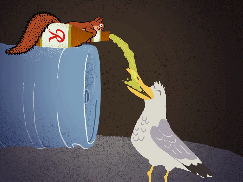 Beer Guzzling Critters after effects animation beer beer pouring bellingham cartoon cheap beer chuckanut drive gif illustration keg looping gif motion graphics pacific northwest procreate rainier beer seagull seattle squirrel texture