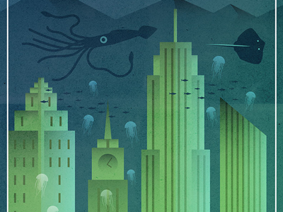 Deco Waterworld 2 art deco gradient illustration jellyfish movie poster post apocalypse poster skyscrapers squid stingray underwater waterworld