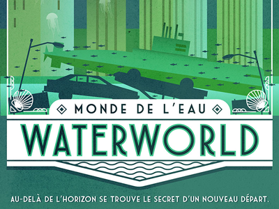 Deco Waterworld 3 art deco french gradient illustration movie poster post apocalypse poster seafloor shell submarine waterworld waves