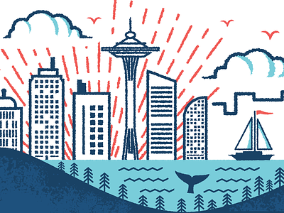Seattle Skyline cityscape icon illustration pacific northwest pnw sailboat seattle space needle trees vector vehicle wrap whale
