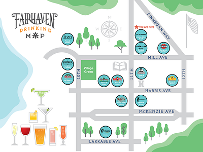 Fairhaven Drinking Map bellingham cocktails food and beverage hospitality illustration map microbrew pacific northwest party safari small town tourism vector washington