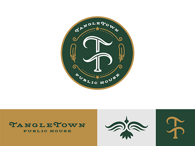 TangleTown Public House badge brewery craft beer crow elysian feather green and gold lettermark logo design mico brewery monogram pacific northwest pub public house rebrand seal seattle tangletown wordmark