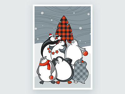 Christmas Penguins buffalo plaid christmas christmas card cute design greeting card grey illustration illustrator monochromatic penguin penguins red snow vector vector illustration winter