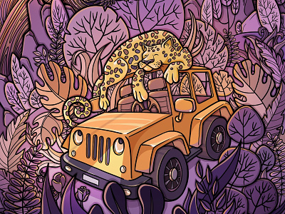 Jeep and Jaguar illustration art car illustration childrens illustration cute design forest illustration jaguar jeep orange procreate procreate art procreateapp purple