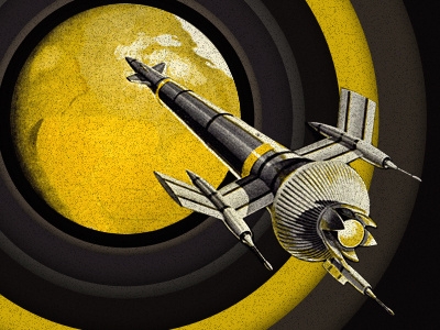 Into the Unknown planet retro ring rocket ship unknown yellow