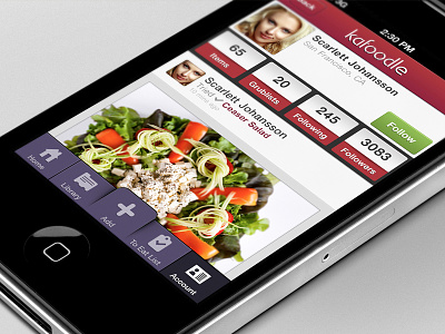 Kafoodle App account button button bar caesar salad food foodie grub interface ios profile rate scarlett johansson tab bar