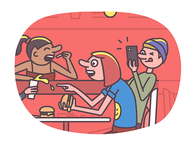 Burgers & friends zoom burgers characters editorial fast food girls guys illustration restaurant vector