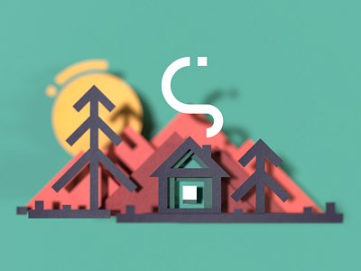 Cabin in the forest 3d c4d cinema 4d concept design flat forest geometric green house icon illustration mountains nature paper red tree visualization