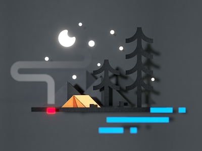 Adventures 3d adventures camp design fire forest illustration moon nature night smoke stars tent water