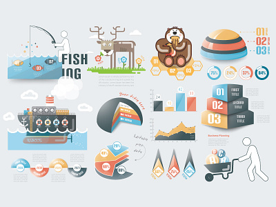 Infographic Elements (19) 3d bear boat bundle deer fish fishing graph human infographic ship timeline