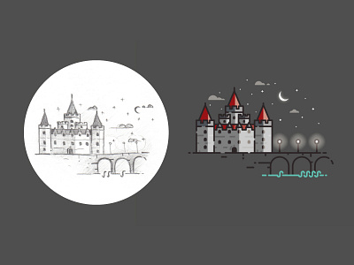 Castle - from sketch to result bridge castle flat icon illustration infographic night outline process sketch vector visualization