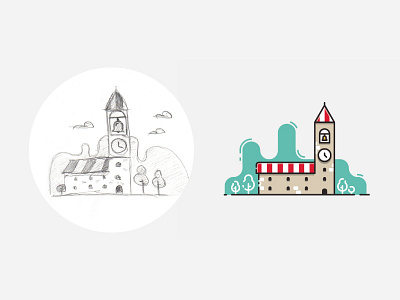 Clock tower illustration – from sketch to result.