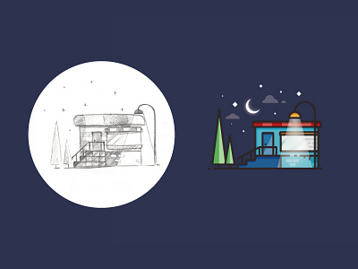 Night shop outline illustration – from sketch to result building draft flat icon illustration light moon night outline shop sketch stars