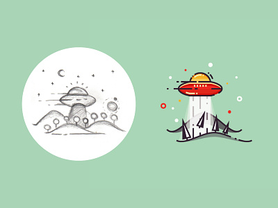 Mysterious forest - from sketch to result 2d aircraft design flat forest illustration light lineart outline sketch ufo vector