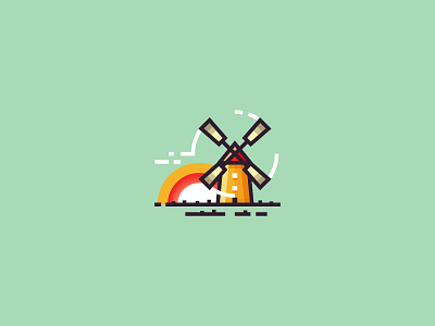 Windmill 2d flat icon illustration landscape nature outline sun sunrise wind windmill