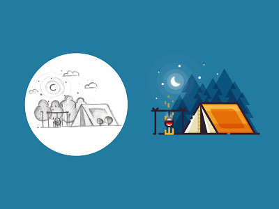 Camping - from sketch to result 2d camping fire forest illustration landscape minimalist outdoors sketch tent ui vector
