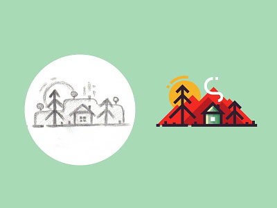 Alone in the forest - from sketch to result 2d flat forest house illustration mountains nature sketch smoke sun ui vector
