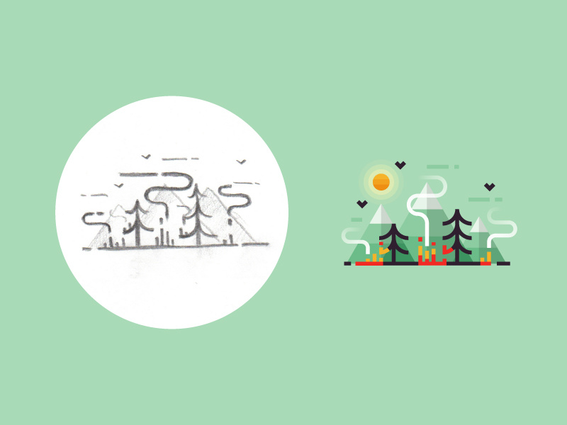 The forest is on fire - from sketch to result design 2d flat process sketch smoke fire tree landscape ui nature forest