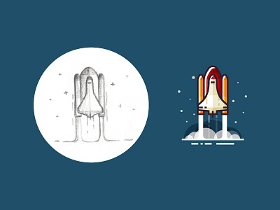 Rocket launch - from sketch to result 2d flat icon illustration rocket rocket launch shuttle sketch space stars vector