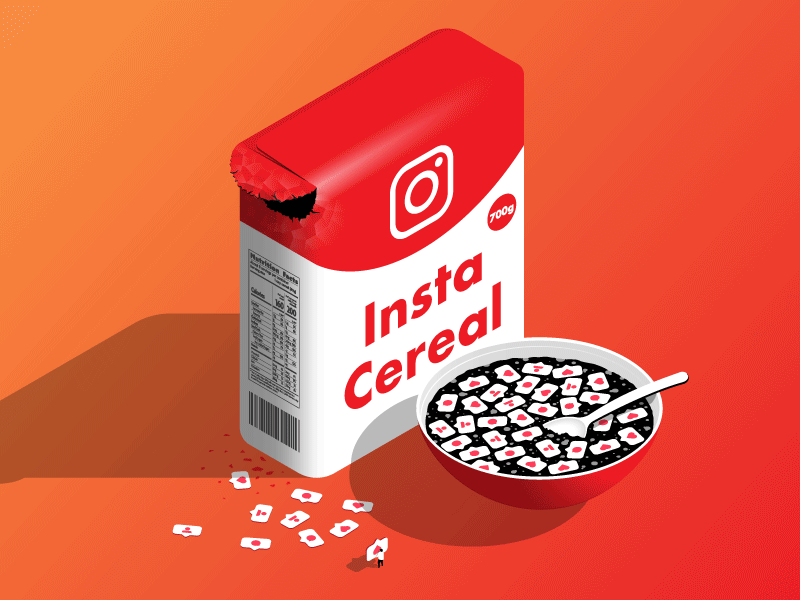 Insta Cereal - From Sketch To Result 2.5d adobe illustrator cereal character design food graphic design illustration instagram isometric like marketing process sketch social media vector vector design
