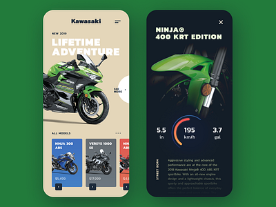 Kawasaki Concept color concept design flat icon illustration interface mobile moto motorbike platform type typography ui ux