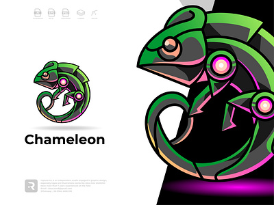 unique robotic, mecha, futuristic, chameleon logo style design animal animal art animal illustration animation branding chameleon coll colorful cyber design futuristic graphic design green illustration logo multicolor reptile robotic ui unique