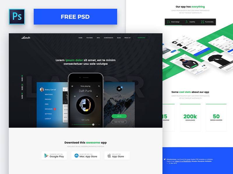 Download Landr - Free Web & Mobile PSD Template by Andrei Josan 🦄 on Dribbble