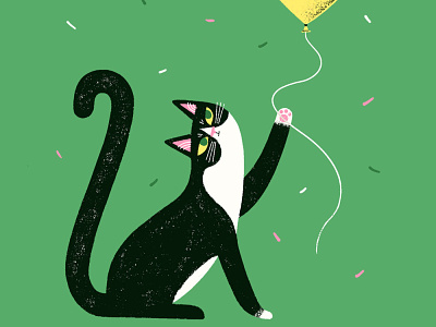 Cat and Balloon art licensing birthday card cat digital art greeting card illustration