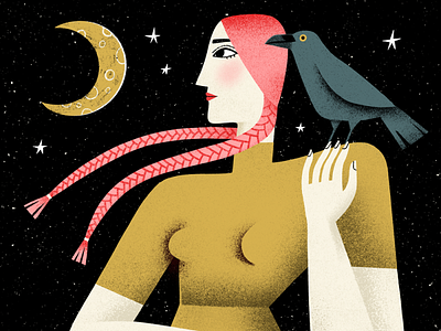 Girl and Crow bird bold character illustration crow female girl illustration magic moon stylized whimsical woman