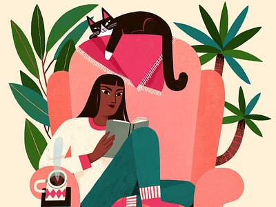 Sunday armchair book bookworm cat colourful cosy cute girl illustration procreate reading reading corner relax