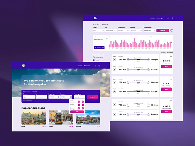 Flight booking main page and search results booking chart desktop flight flight booking luggage minimal passengers search search flight ticket booking ui web