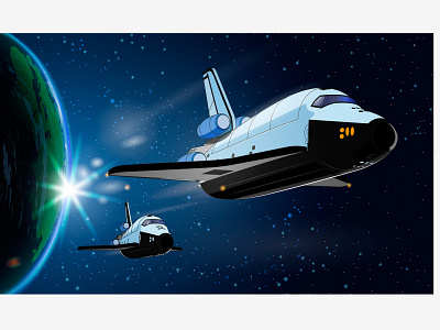 Spaceship, space shuttle in space cosmos earth flare fly shuttle space spaceship stars sun