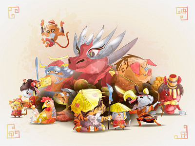 Group chinese zodiac animals cartoon characters