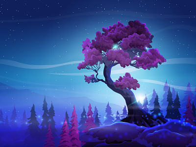 Fantasy night landscape with a beautiful curved tree