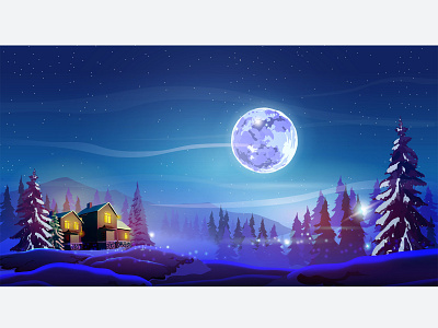 Night beautiful landscape with winter houses, trees, mountain art background banner card cartoon celebration christmas christmas trees copy space december decoration design evening festive field for poster forest gifts purple violet
