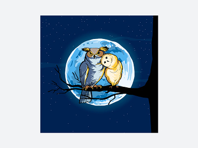 Two cute drawn Owls sits on a branch in the night. animals beautiful bird branch card cheerful child christmas couple cute drawing greeting happiness heart love night owl painting vector winter