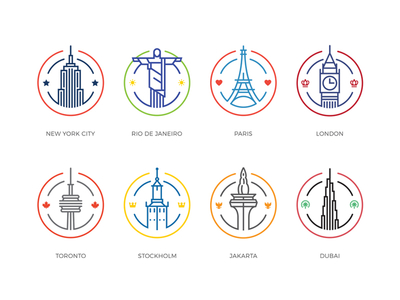 Cities Badges - so far badge city colors icon illustration logo london minimalist nyc paris rio stroke