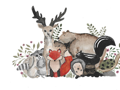 Forest Friendship animals colored design forest watercolor