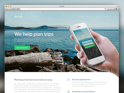 Travelo app clean iphone landing light page water web