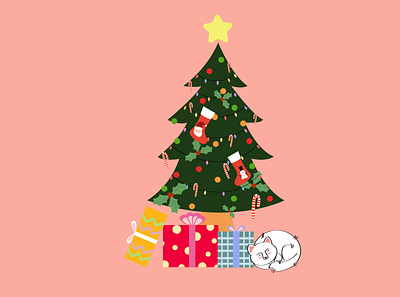 Christmas Tree and Sleepy Cat design flat illustration vector