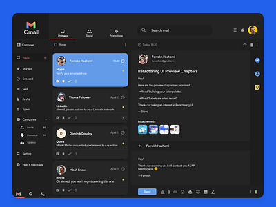 Gmail App Dark theme apple client dark design email gmail google mac macbook mockup uiux