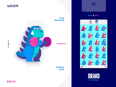 Drako Free Stickers Set boy character color contrast dragon flat free gum ios stickers vector