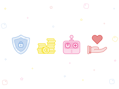 Icon illustrations coin colour controller fun game icon illustration line love money security shield