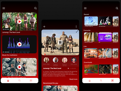 Movie app UI design black dark theme dark ui download favourite like menu mobile modern movie movie app recent recommandation red video white