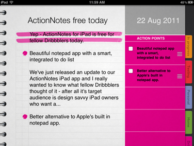 ActionNotes Free Today app interface ipad note pad