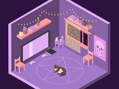Deep purple isometry cat cyberpunk digital art diorama flatdesign illustration illustrator pentargam room vector vectorart